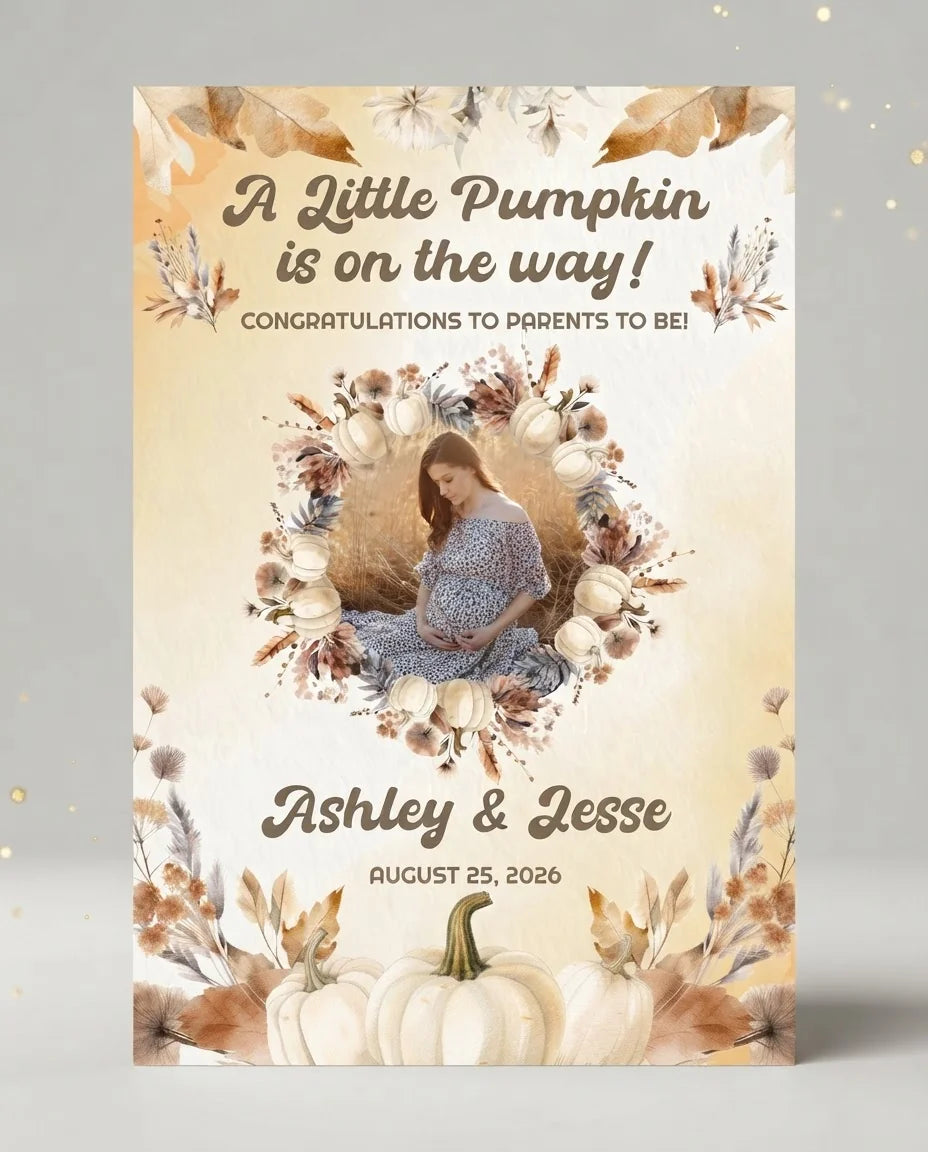 Personalised A Little Pumpkin Baby Shower Party Mega Card displayed against a plain studio background