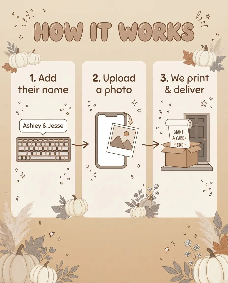How it works: add a name, upload a photo, and we print and deliver the A Little Pumpkin Baby Shower Party Mega Card