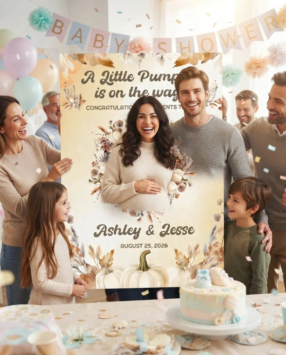 Friends and family celebrating with the personalised A Little Pumpkin Baby Shower Party Mega Card