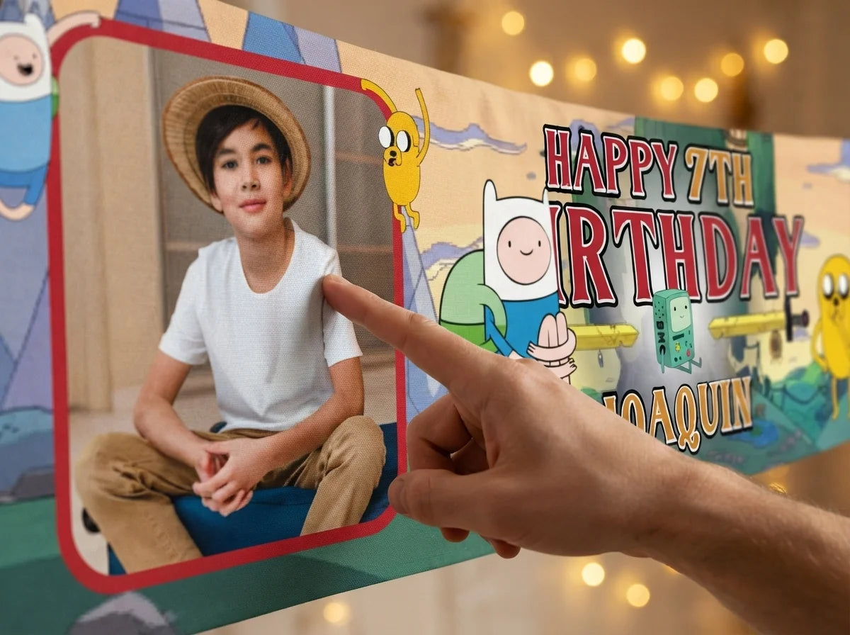 Close-up of the personalised name and photo printed on the Adventure Time Birthday Banner