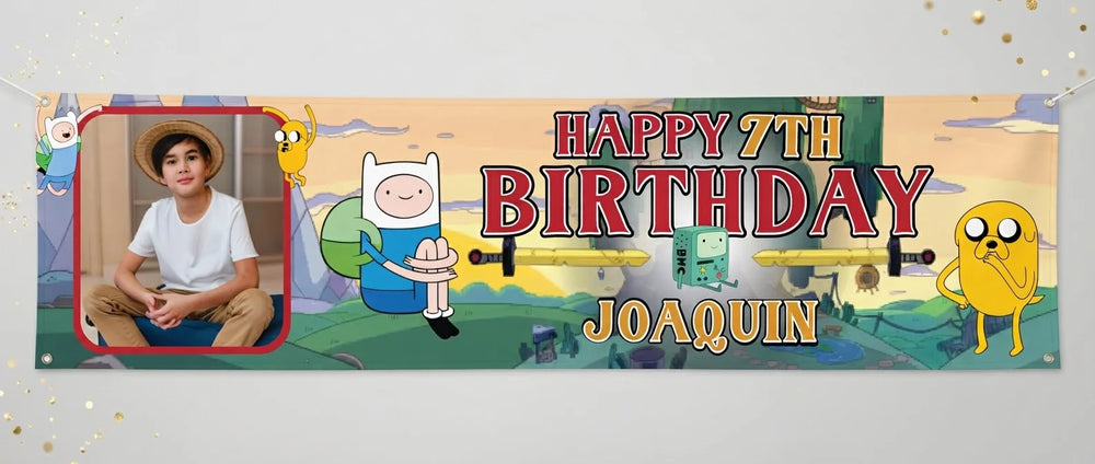 Personalised Adventure Time Birthday Banner displayed against a plain studio background