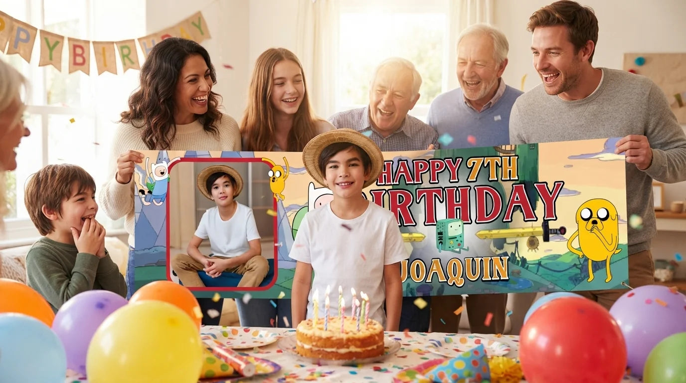 Friends and family celebrating with the personalised Adventure Time Birthday Banner