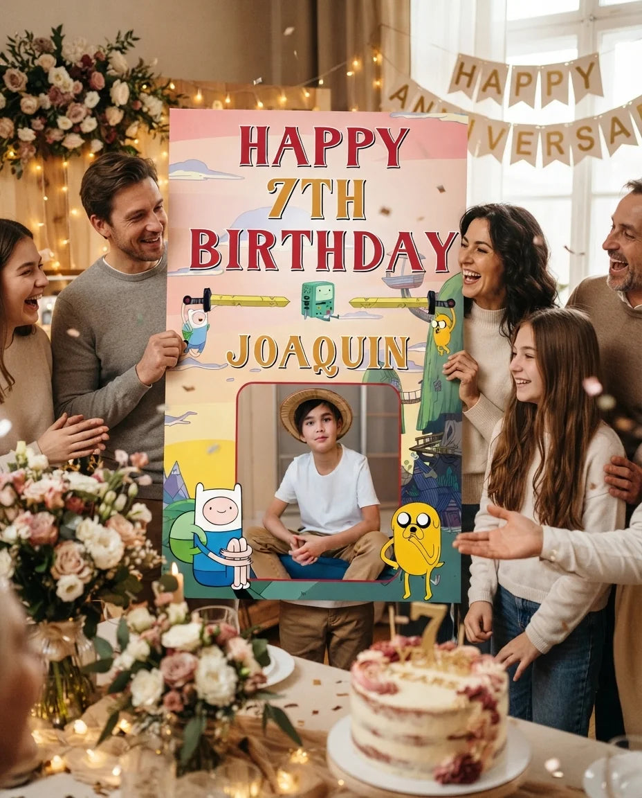 Friends and family celebrating with the personalised Adventure Time Mega Card