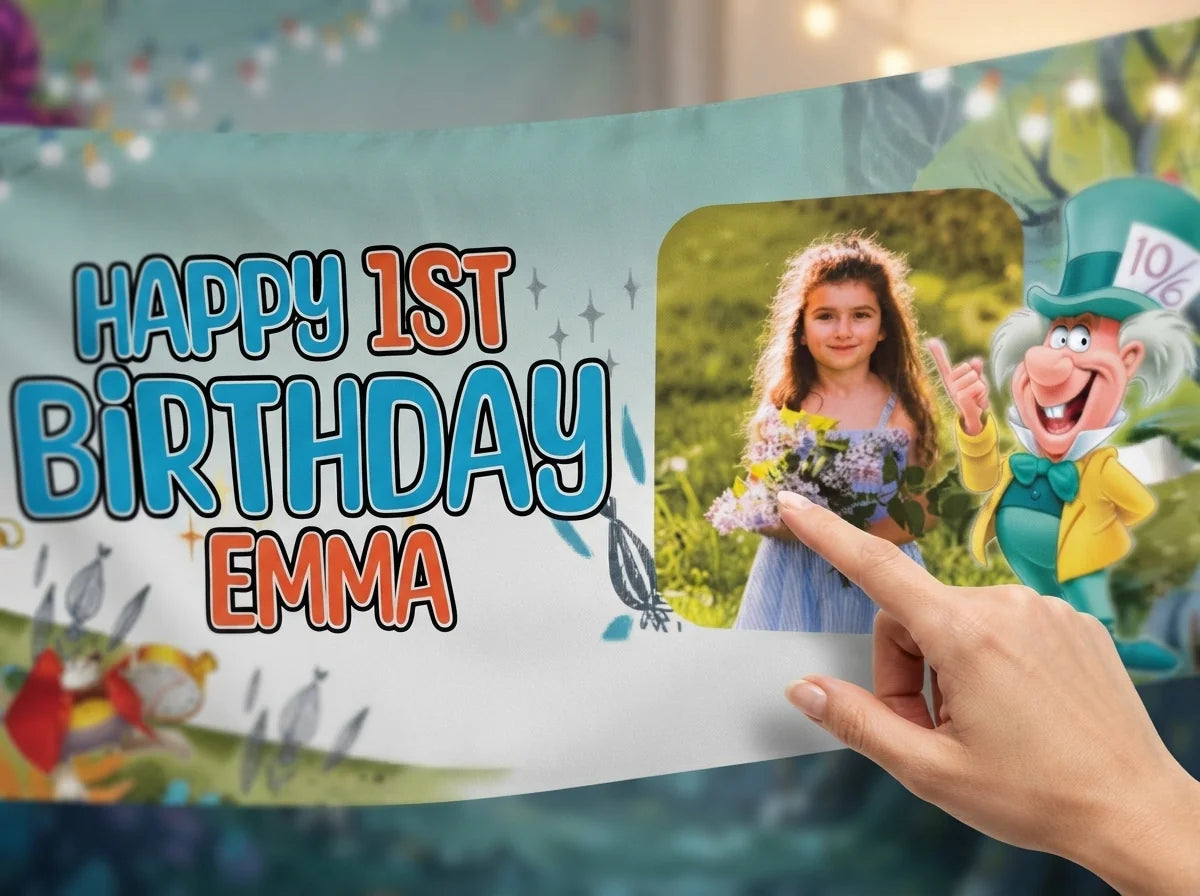 Close-up of the personalised name and photo printed on the Alice In Wonderland Birthday Banner