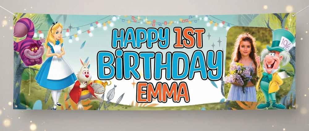 Personalised Alice In Wonderland Birthday Banner displayed against a plain studio background