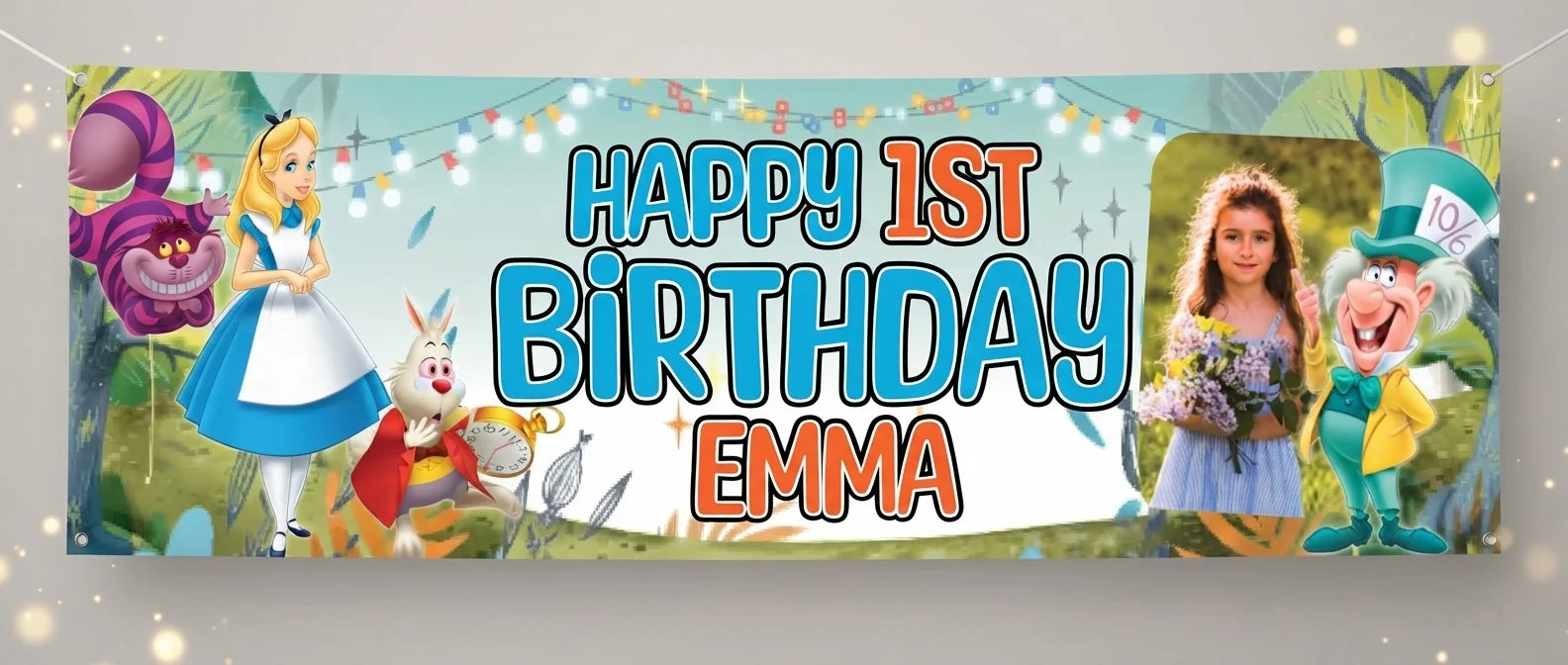 Personalised Alice In Wonderland Birthday Banner displayed against a plain studio background