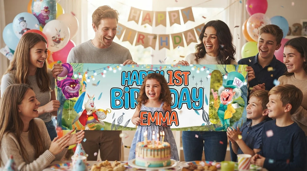 Friends and family celebrating with the personalised Alice In Wonderland Birthday Banner