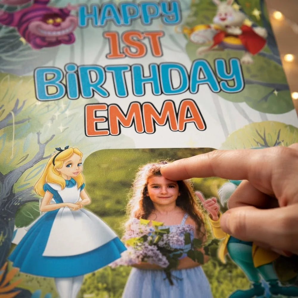 Close-up of the personalised name and photo printed on the Alice in Wonderland Mega Card