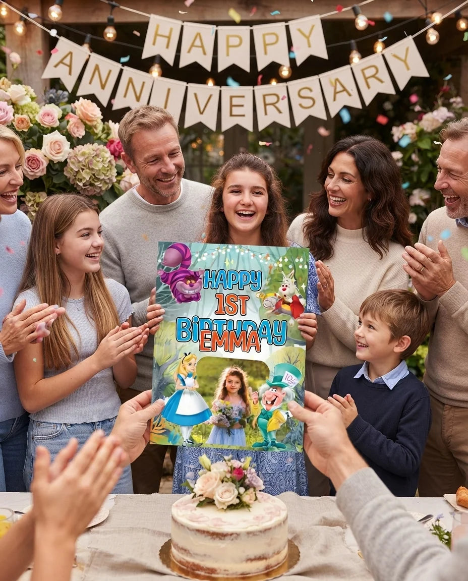 Friends and family celebrating with the personalised Alice in Wonderland Mega Card