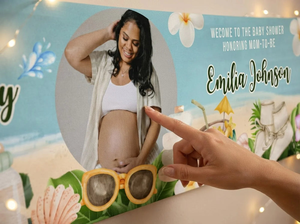 Close-up of the personalised name and photo printed on the Aloha Baby Baby Shower Banner