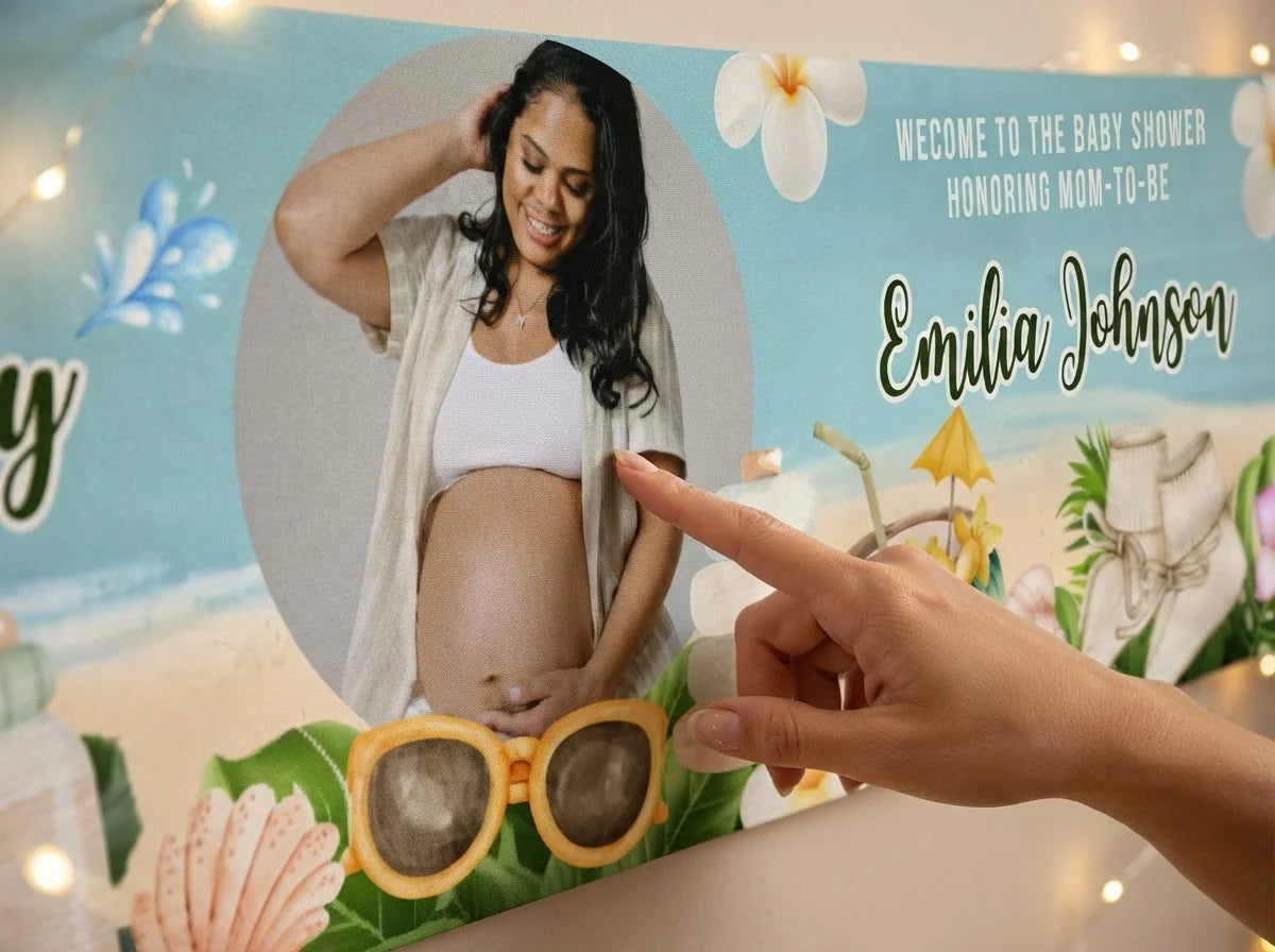 Close-up of the personalised name and photo printed on the Aloha Baby Baby Shower Banner