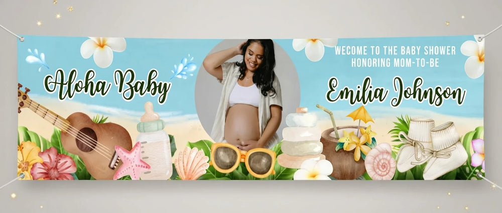 Personalised Aloha Baby Baby Shower Banner displayed against a plain studio background