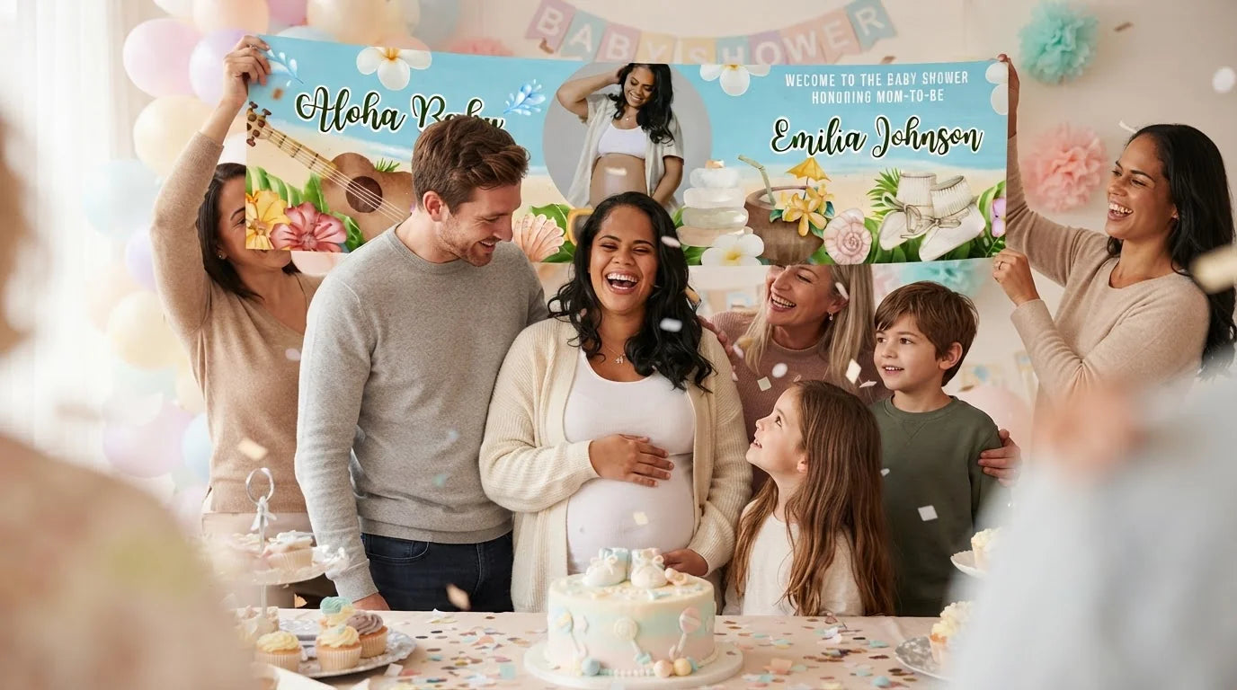 Friends and family celebrating with the personalised Aloha Baby Baby Shower Banner