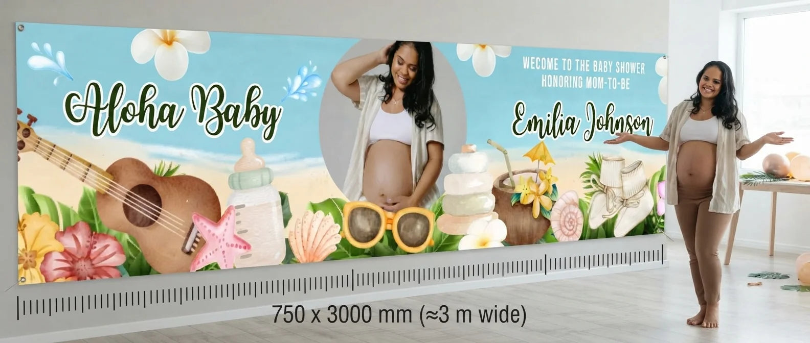 Person standing beside the Aloha Baby Baby Shower Banner for scale, with size guide showing 750 x 3000 mm