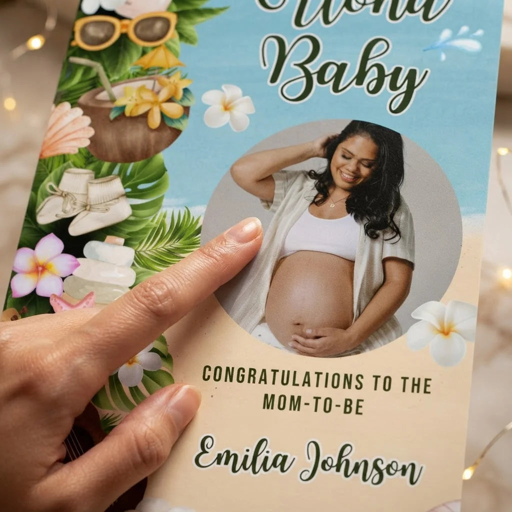 Close-up of the personalised name and photo printed on the Aloha Baby Baby Shower Mega Card