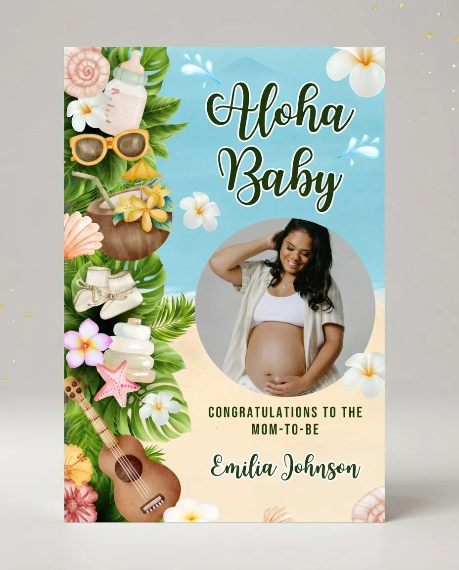 Personalised Aloha Baby Baby Shower Mega Card displayed against a plain studio background