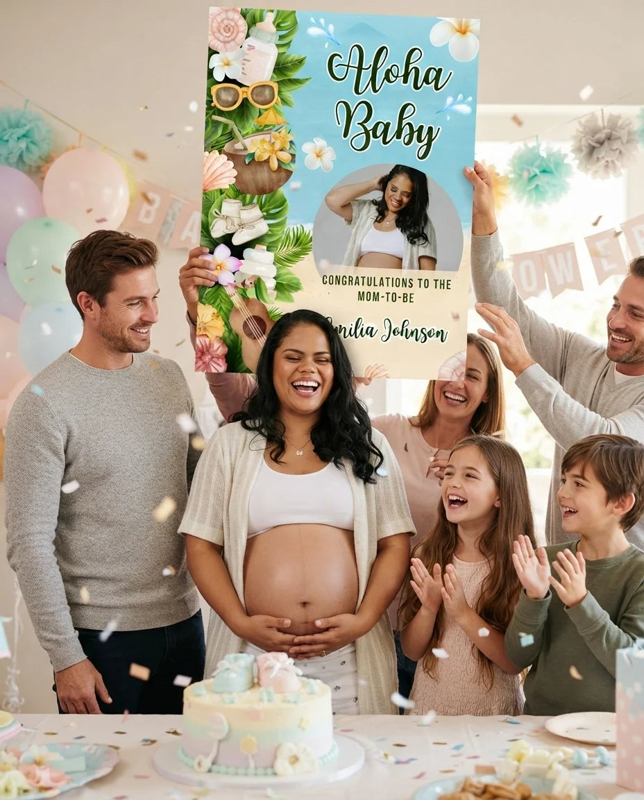 Friends and family celebrating with the personalised Aloha Baby Baby Shower Mega Card