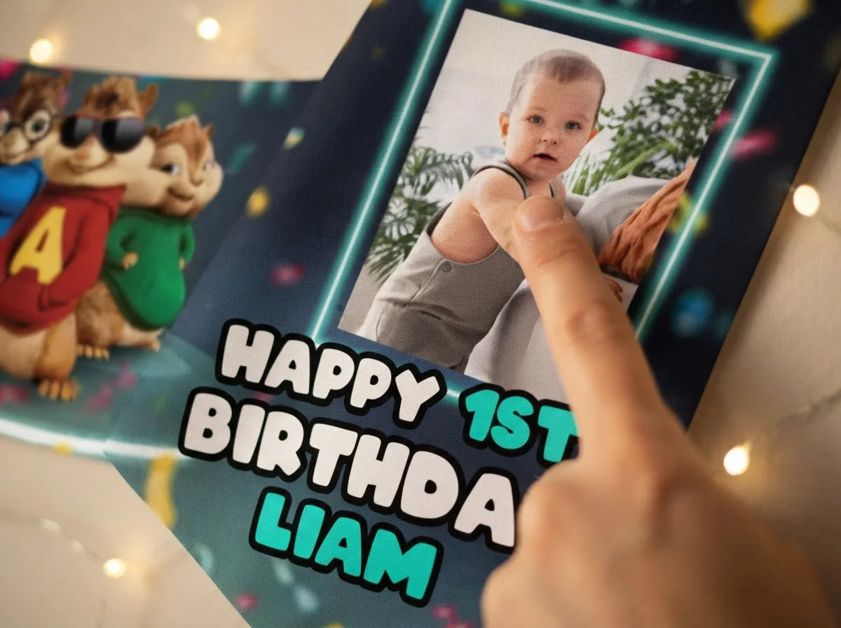 Close-up of the personalised name and photo printed on the Alvin and the Chipmunks