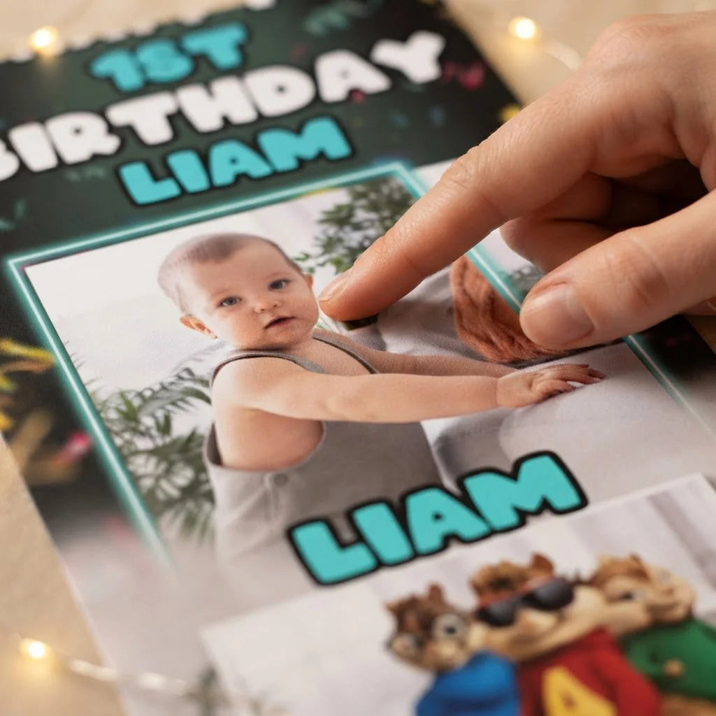Close-up of the personalised name and photo printed on the Alvin and The Chipmunks Mega Card