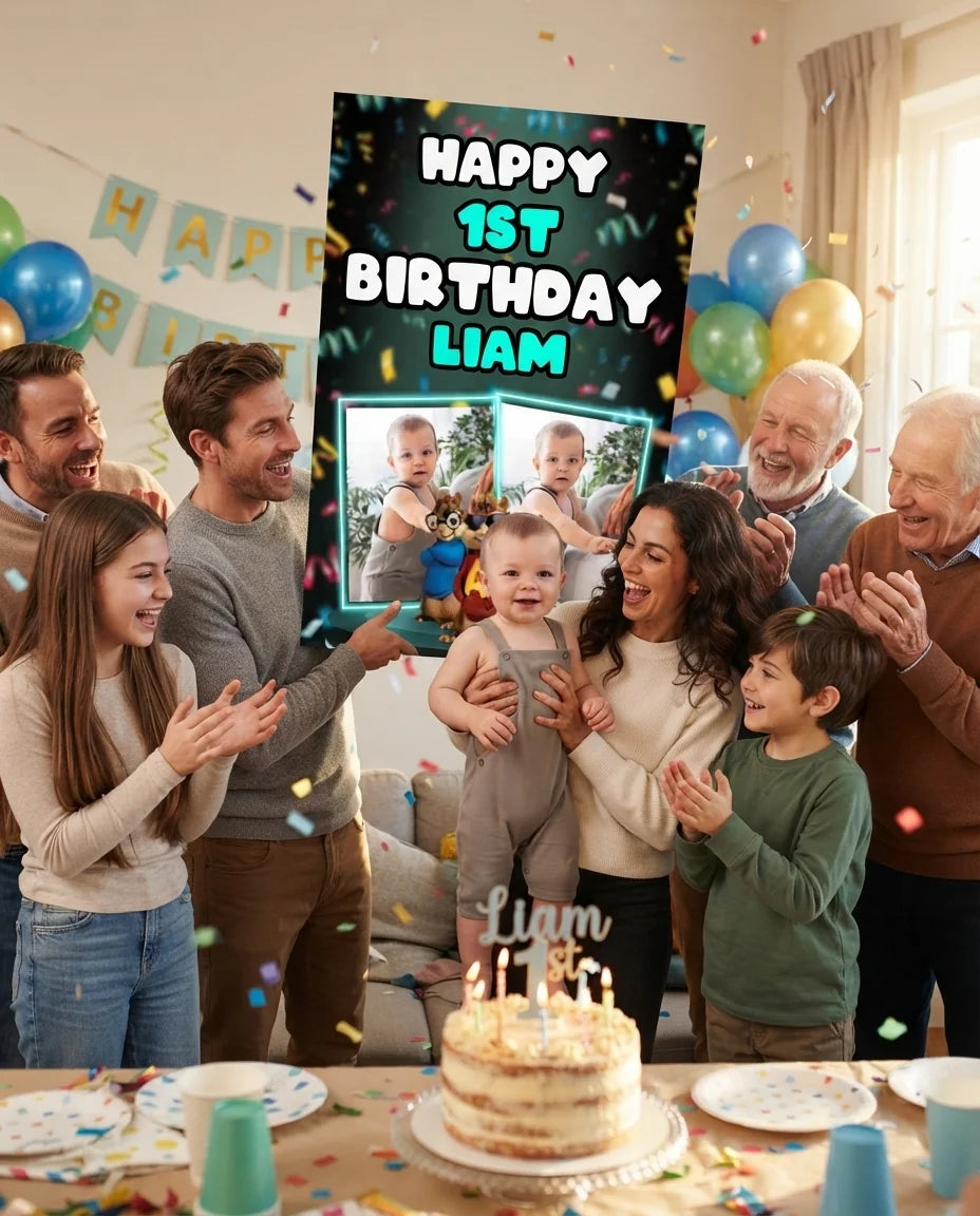 Friends and family celebrating with the personalised Alvin and The Chipmunks Mega Card