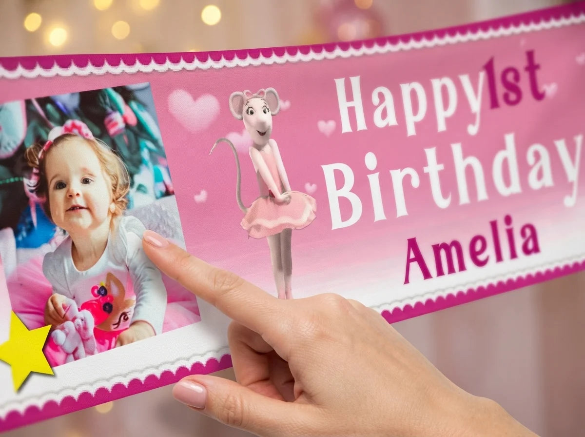 Close-up of the personalised name and photo printed on the Angelina Ballerina Birthday Banner