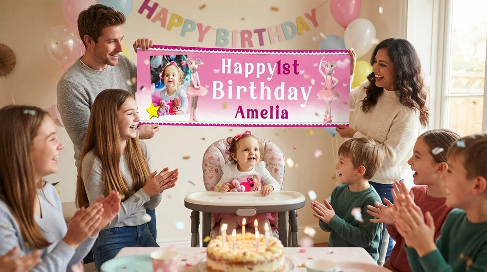 Friends and family celebrating with the personalised Angelina Ballerina Birthday Banner