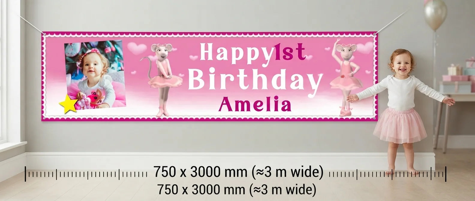 Person standing beside the Angelina Ballerina Birthday Banner for scale, with size guide showing 750 x 3000 mm