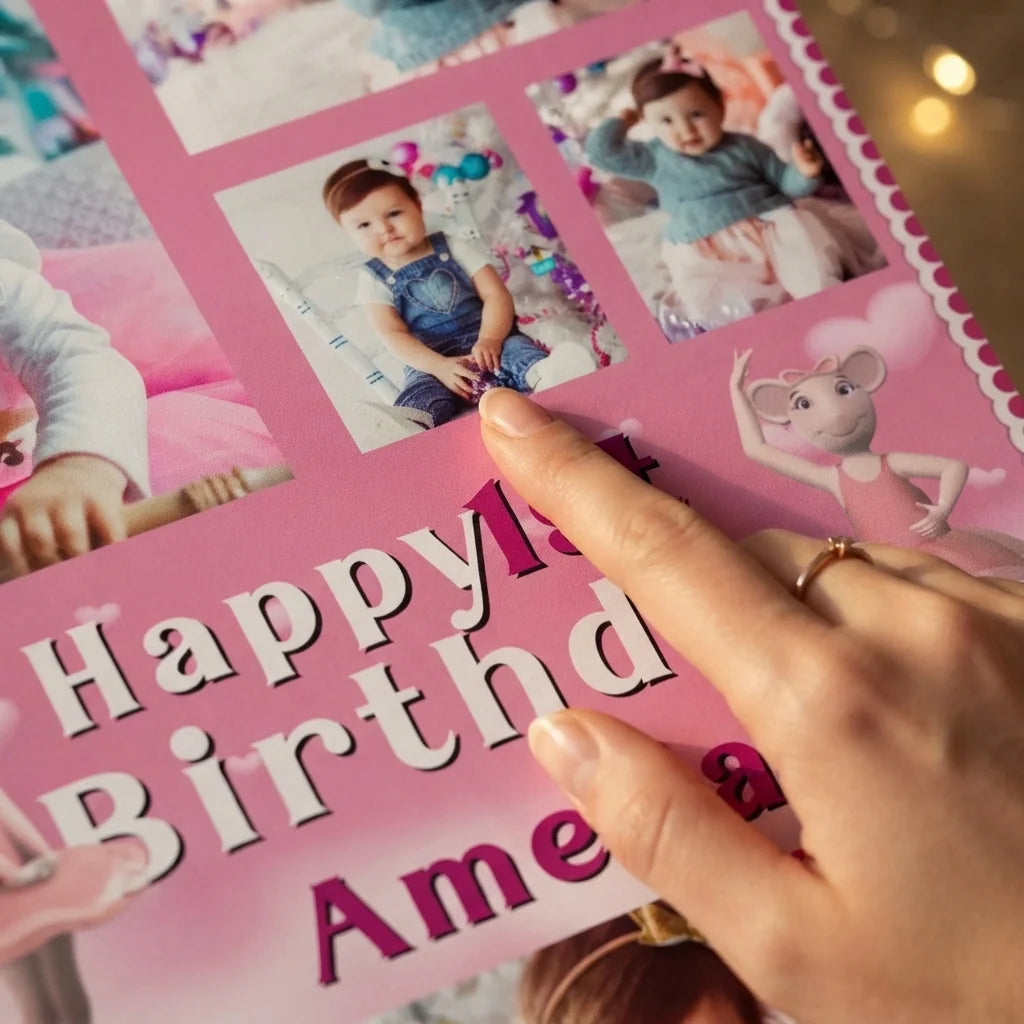 Close-up of the personalised name and photo printed on the Angelina Ballerina Mega Card