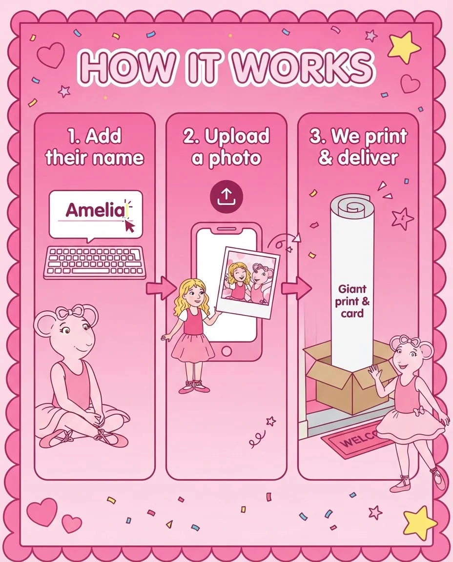 How it works: add a name, upload a photo, and we print and deliver the Angelina Ballerina Mega Card