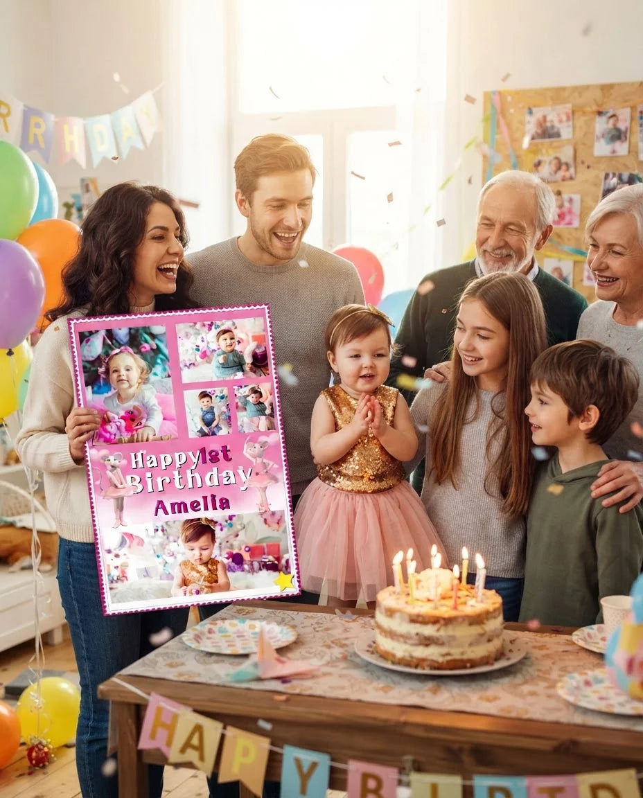 Friends and family celebrating with the personalised Angelina Ballerina Mega Card