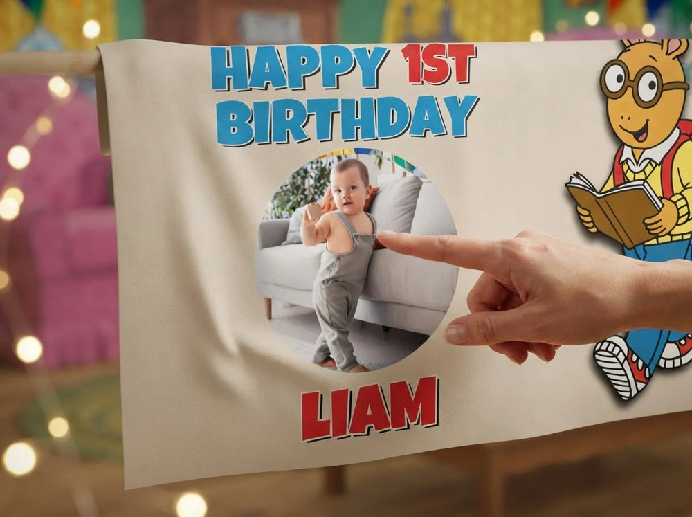 Close-up of the personalised name and photo printed on the Arthur Birthday Banner