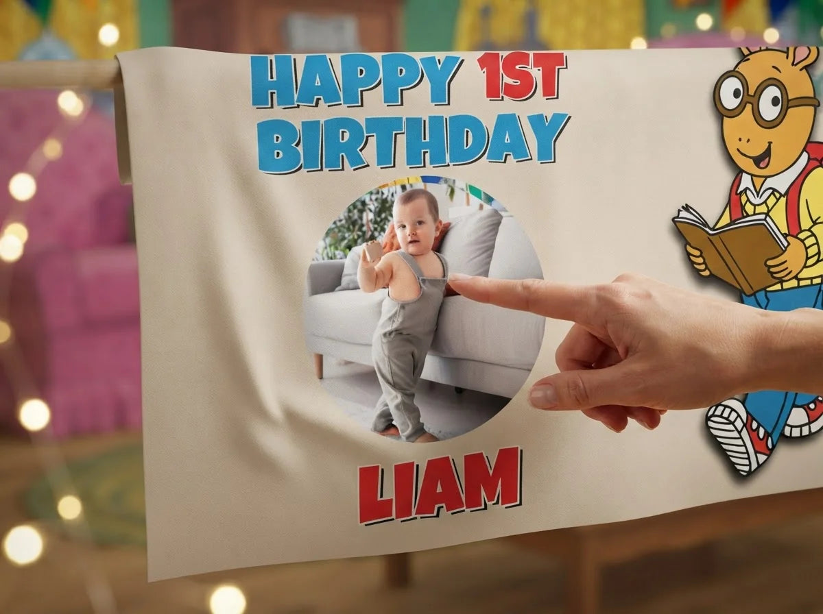 Close-up of the personalised name and photo printed on the Arthur Birthday Banner