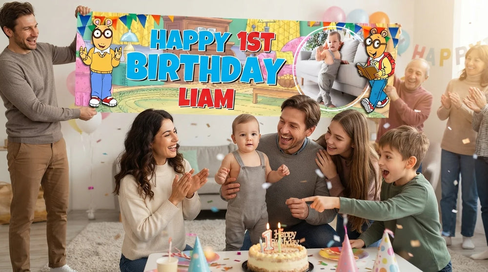 Friends and family celebrating with the personalised Arthur Birthday Banner