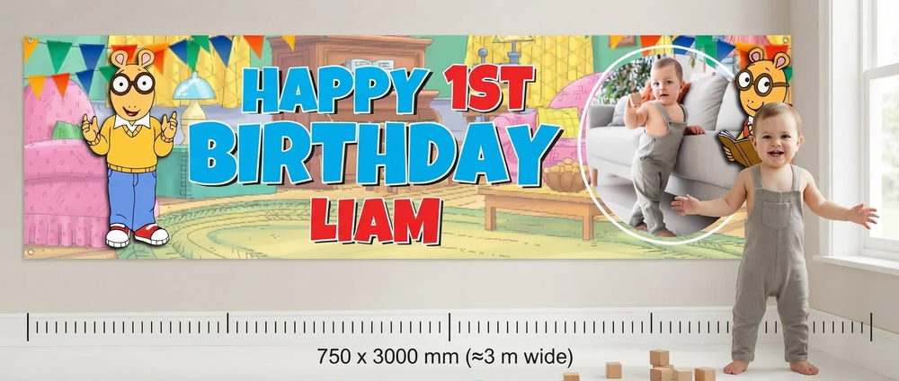 Person standing beside the Arthur Birthday Banner for scale, with size guide showing 750 x 3000 mm