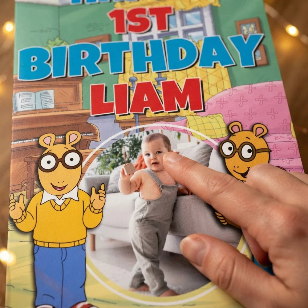 Close-up of the personalised name and photo printed on the Arthur Mega Card
