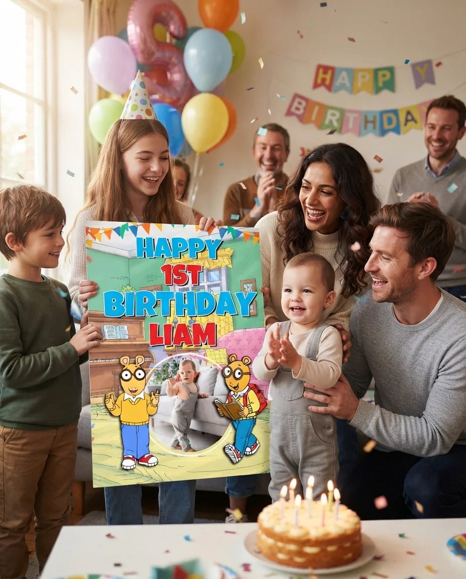 Friends and family celebrating with the personalised Arthur Mega Card