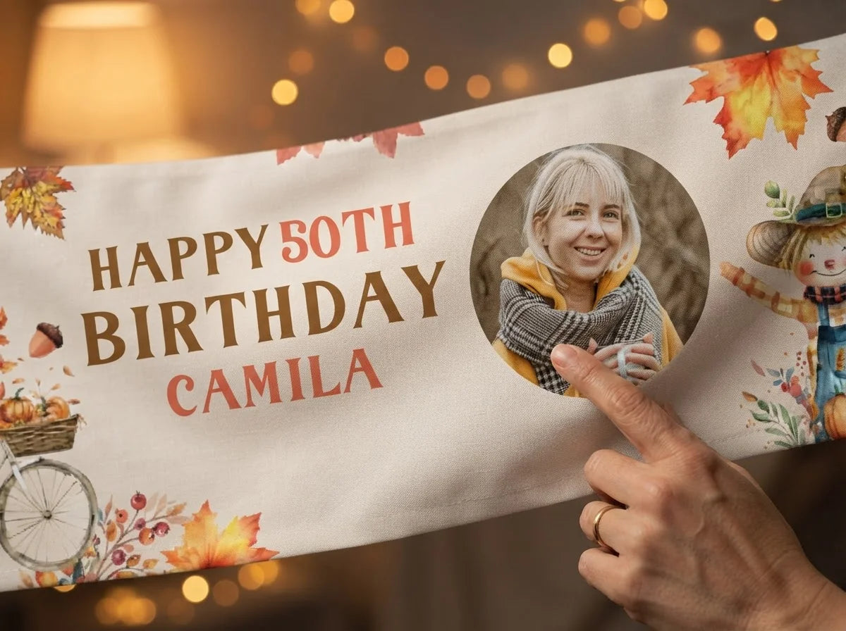 Close-up of the personalised name and photo printed on the Autumn Fall Birthday Party Banner