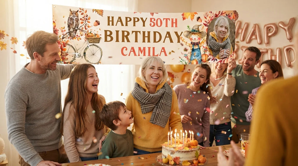 Friends and family celebrating with the personalised Autumn Fall Birthday Party Banner