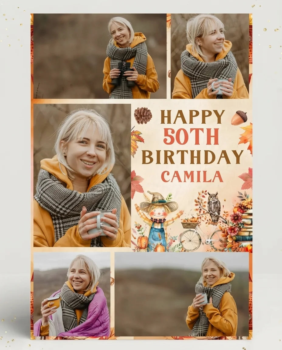 Personalised Autumn Fall Birthday Party Mega Card displayed against a plain studio background