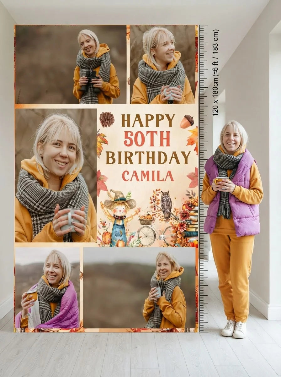 Person standing beside the Autumn Fall Birthday Party Mega Card for scale in a size guide