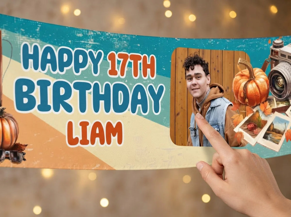 Close-up of the personalised name and photo printed on the Autumn Retro 80s Theme Birthday Party Banner