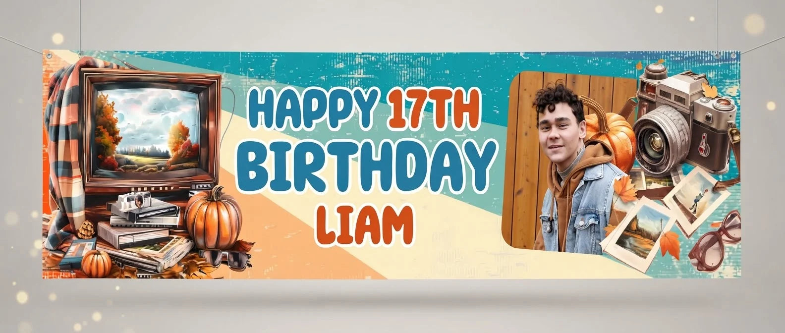Personalised Autumn Retro 80s Theme Birthday Party Banner displayed against a plain studio background