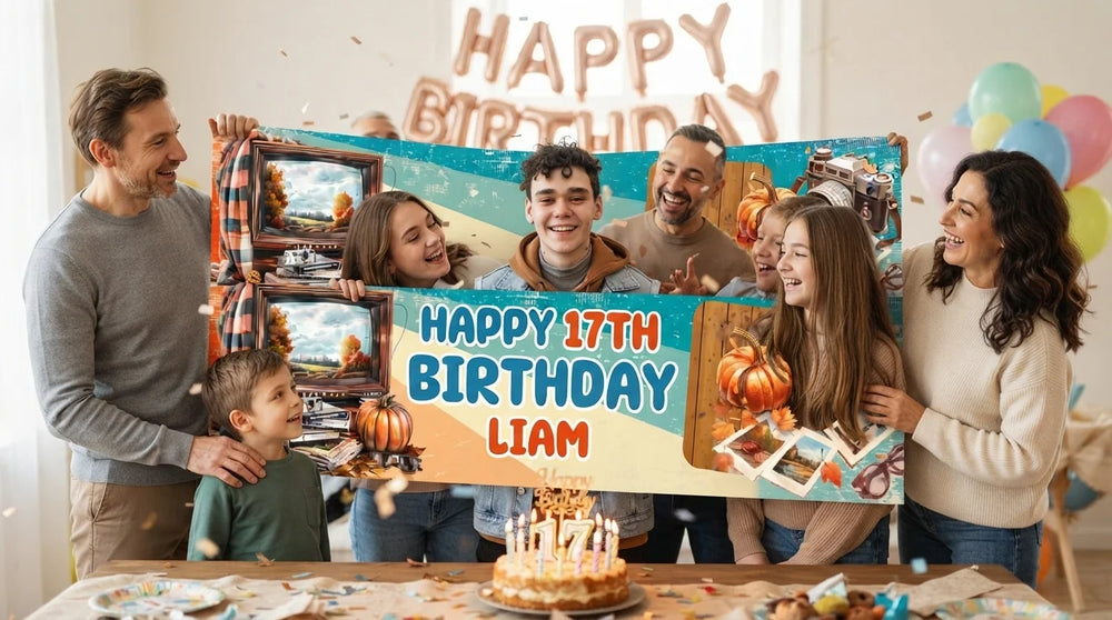 Friends and family celebrating with the personalised Autumn Retro 80s Theme Birthday Party Banner