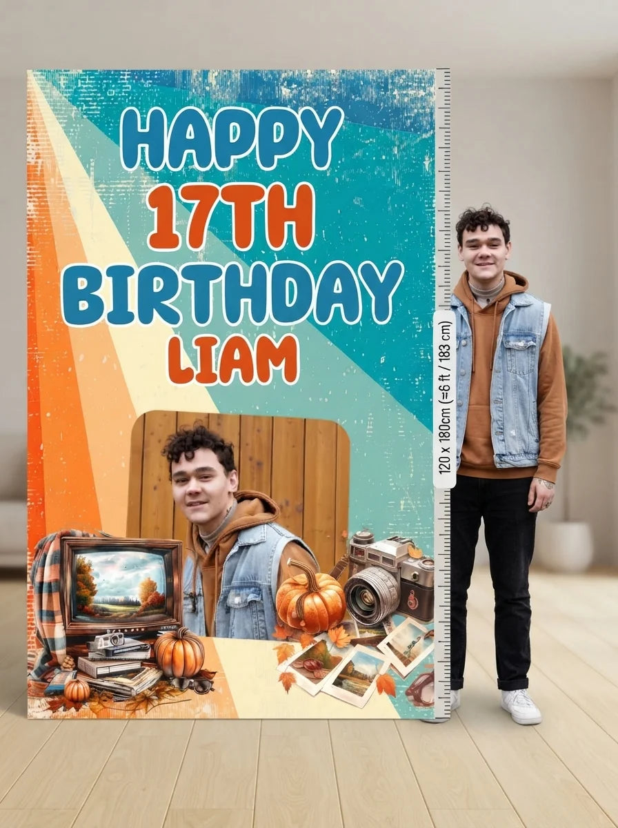 Person standing beside the Autumn Retro 80s Theme Birthday Party Mega Card for scale in a size guide