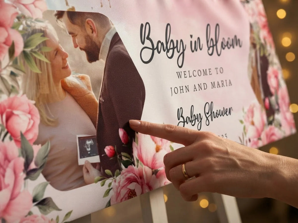 Close-up of the personalised name and photo printed on the Baby in Bloom Baby Shower Banner