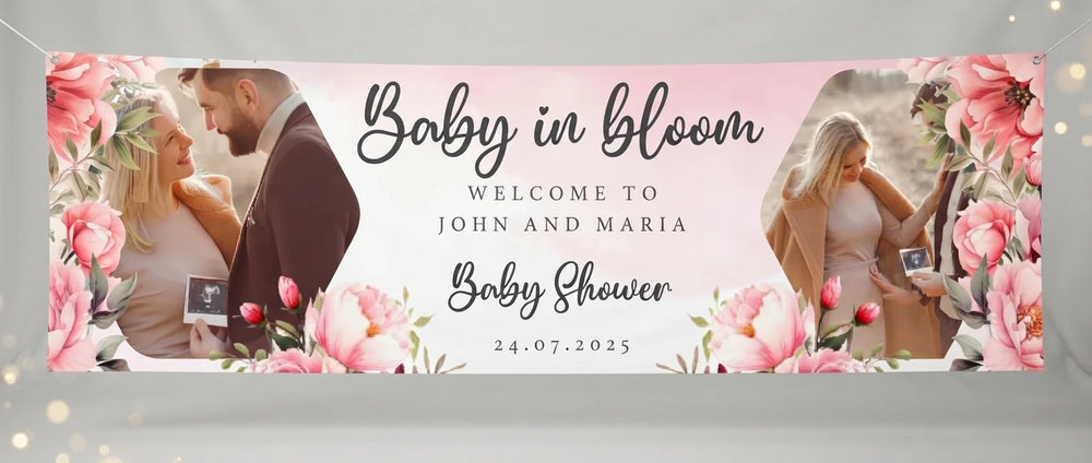 Personalised Baby in Bloom Baby Shower Banner displayed against a plain studio background