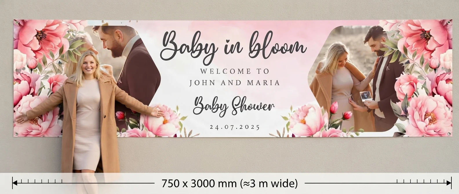 Person standing beside the Baby in Bloom Baby Shower Banner for scale, with size guide showing 750 x 3000 mm