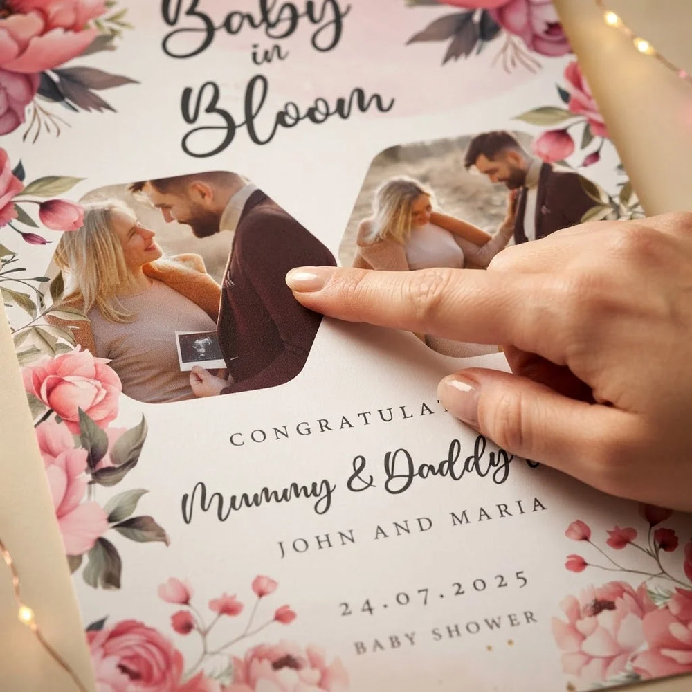 Close-up of the personalised name and photo printed on the Baby in Bloom Baby Shower Mega Card