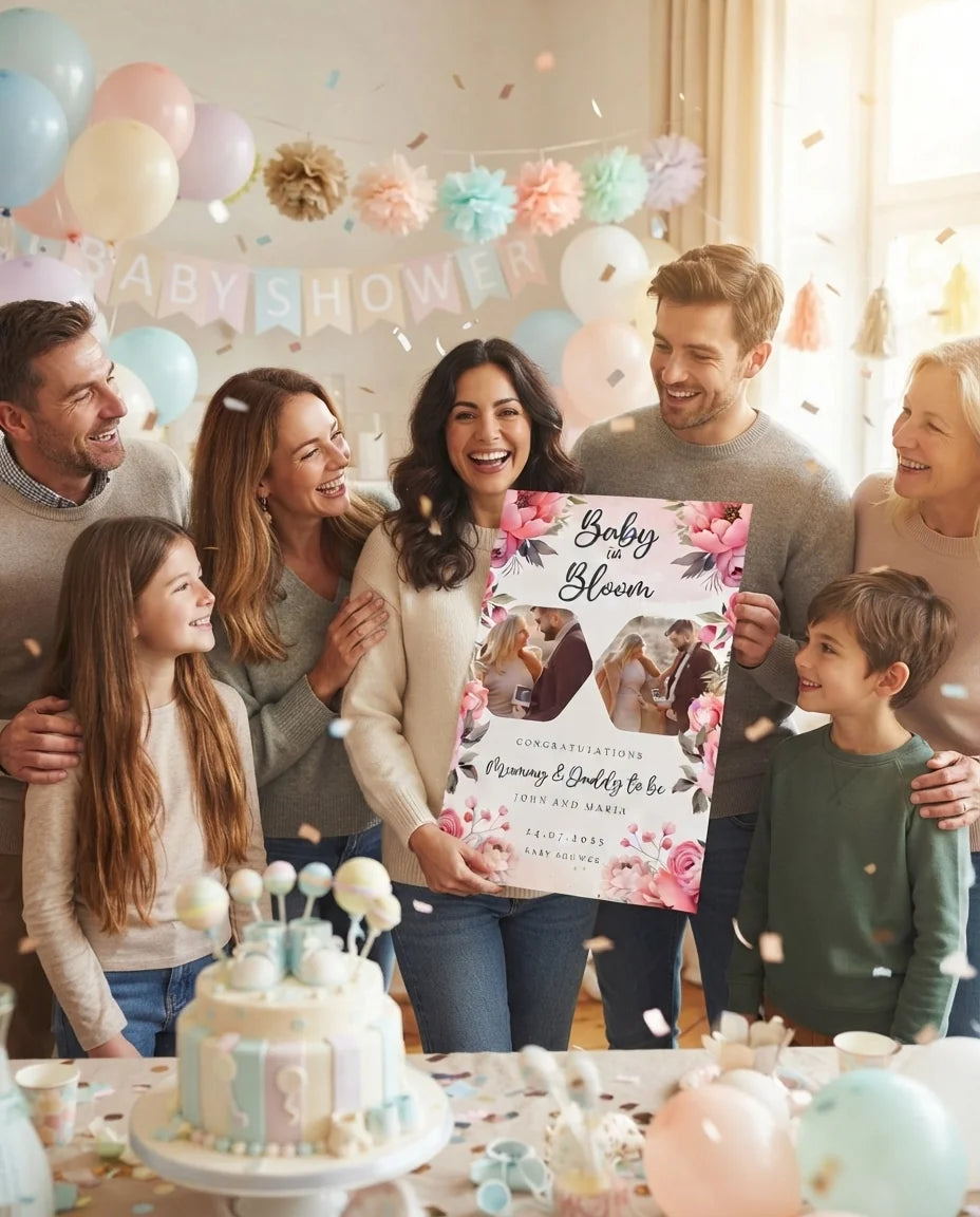 Friends and family celebrating with the personalised Baby in Bloom Baby Shower Mega Card