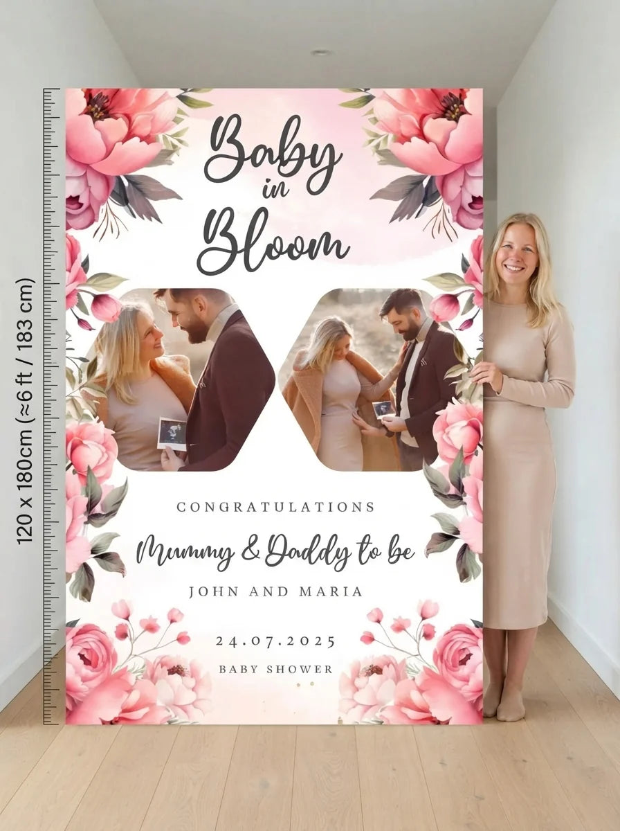 Person standing beside the Baby in Bloom Baby Shower Mega Card for scale in a size guide